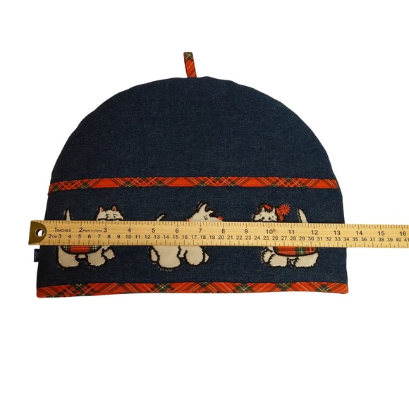 Denim Tea Cozy Tea Cosy Cover Plaid Scottie Dog Embroidered Farmhouse Kitchen - Picture 7 of 8